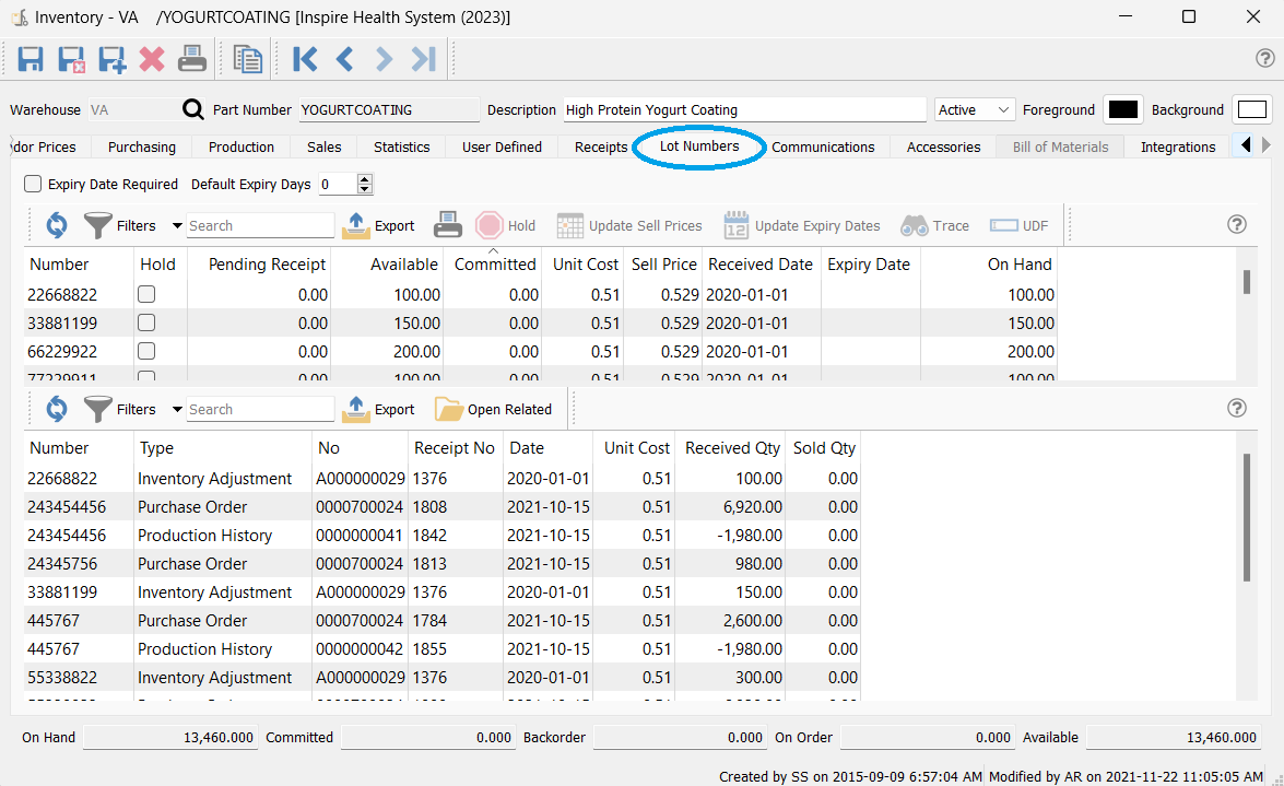 INVENTORY - Serial Numbers / Lot Numbers Tab
