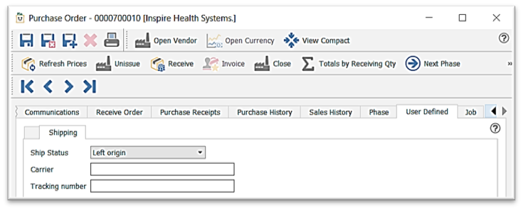 PURCHASE ORDERS - Phases / User Defined Fields / Job Costing tabs